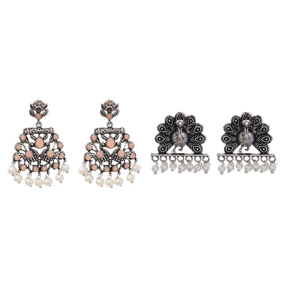 Peacock glow stone studded dangler earrings (Light Orange)&Meena Manjari stone stud earrings (Silver) Combo set