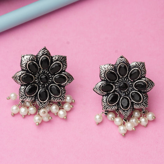 Black Stone Studded Oxidised Earrings With Hanging Pearls
