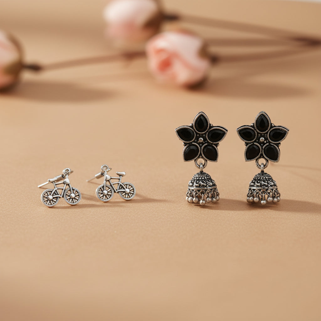 Beauty Bloom ghunghroo jhumki earring (Black)&Cycle Charm Dangler earrings (Silver) Combo set