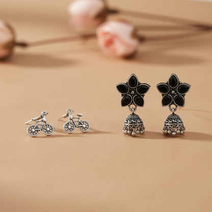 Beauty Bloom ghunghroo jhumki earring (Black)&Cycle Charm Dangler earrings (Silver) Combo set