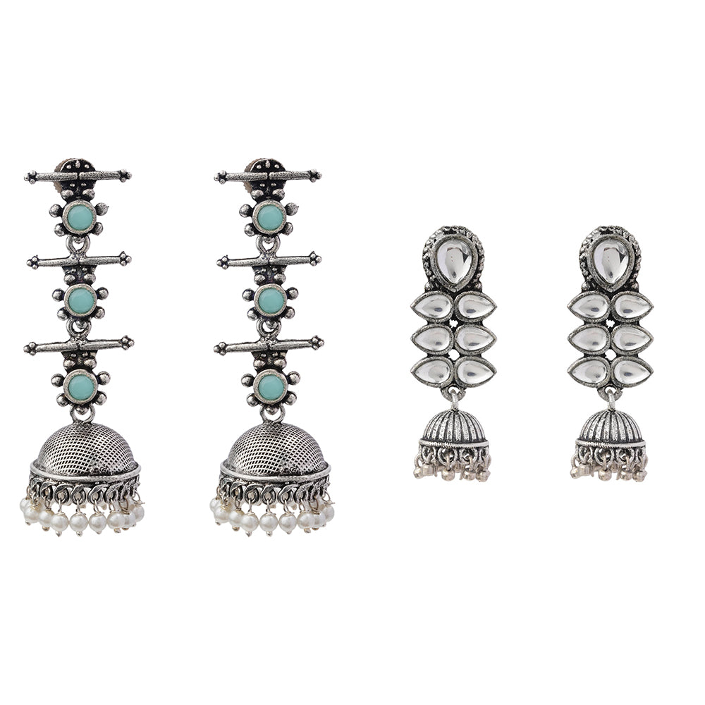 Dazzle Dash Jhumki earring (White)&Royal Triple Bell Layered Jhumka Earring (Mint) Combo set