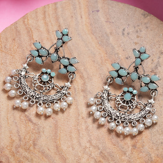Mint Stone Studded Beautiful Oxidised Danglers With Hanging Baby Pearls