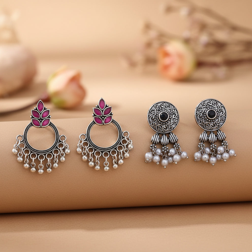 Fine Shine stud earrings (Red)&Button rays stud earring (Black) Combo set