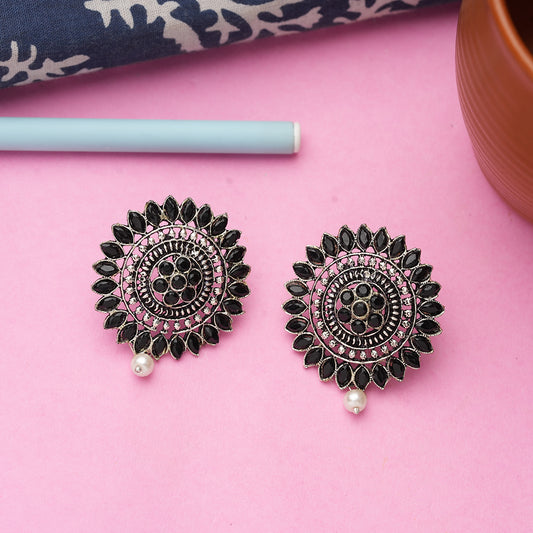 Black Stone Studded Intricate Oxidised Stud Earrings