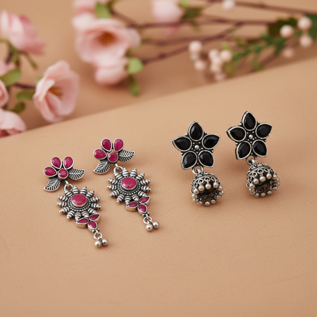Beauty Bloom ghunghroo jhumki earring (Black)&FloraSun dangler earrings (Red) Combo set