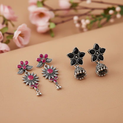 Beauty Bloom ghunghroo jhumki earring (Black)&FloraSun dangler earrings (Red) Combo set