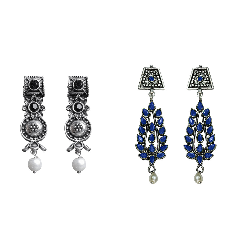 Wonderful wildflower oxidised stud earrings (Black)&Precious Petal stone studded dangler earring (Blue) Combo set