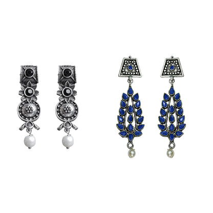 Wonderful wildflower oxidised stud earrings (Black)&Precious Petal stone studded dangler earring (Blue) Combo set