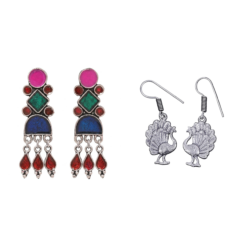 Rainbow rhine dangler earrings (Multicolored)&Peacock royale dangler earrings (Silver) Combo set