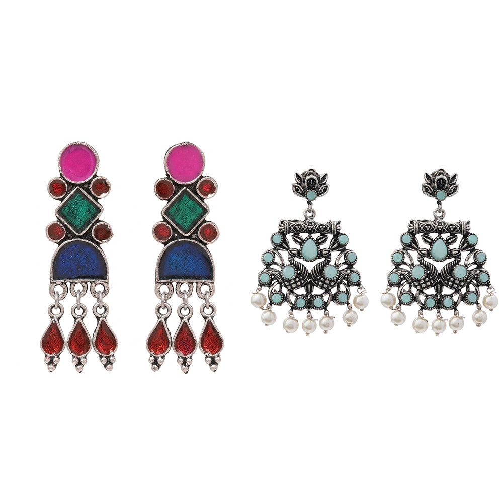 Rainbow rhine dangler earrings (Multicolored)&Peacock glow stone studded dangler earrings (Mint) Combo set