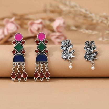 Rainbow rhine dangler earrings (Multicolored)&Floral Swirl stud earrings (Silver) Combo set
