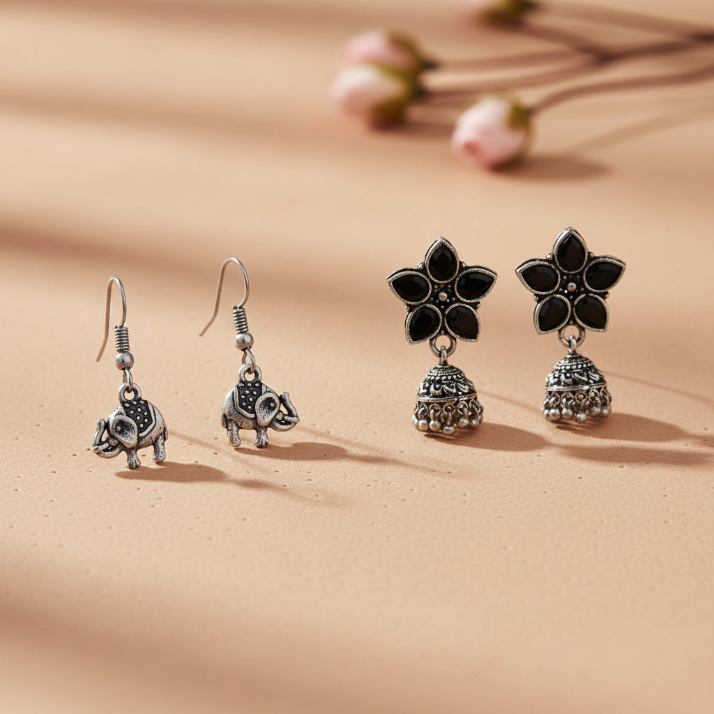 Beauty Bloom ghunghroo jhumki earring (Black)&Trunk Tales dangler earrings (Silver) Combo set