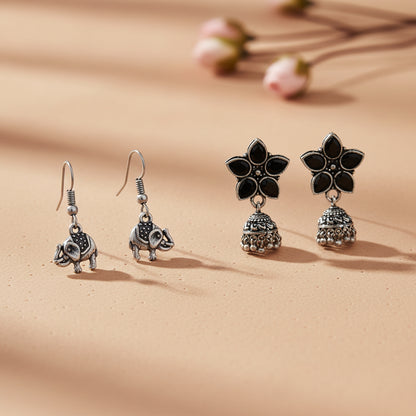 Beauty Bloom ghunghroo jhumki earring (Black)&Trunk Tales dangler earrings (Silver) Combo set