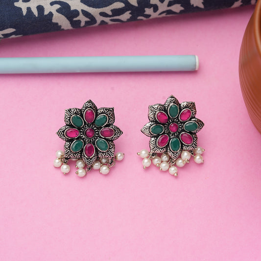 Multicolored Stone Studded Oxidised Earrings With Hanging Pearls