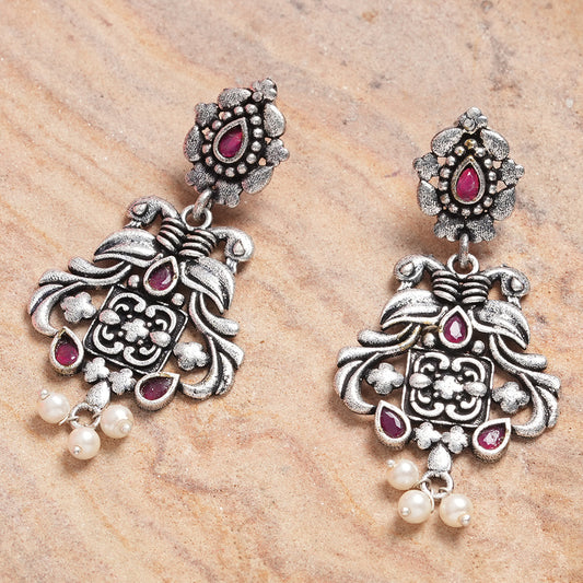 Red Stone Studded Oxidised Earrings With Hanging Pearls