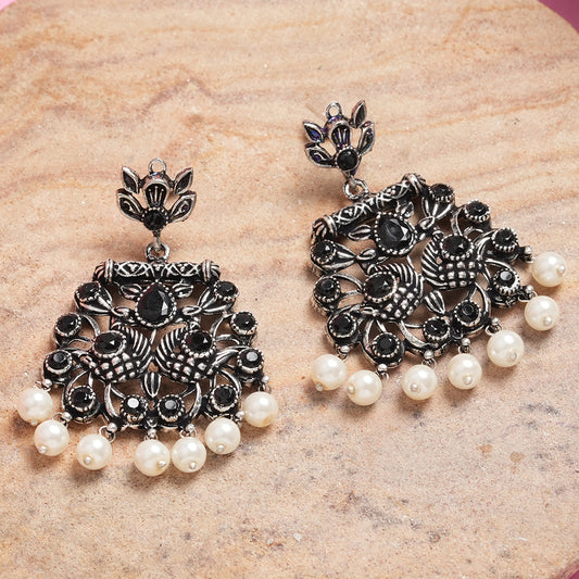 Black Stone Studded Oxidised Earrings With Hanging Pearls