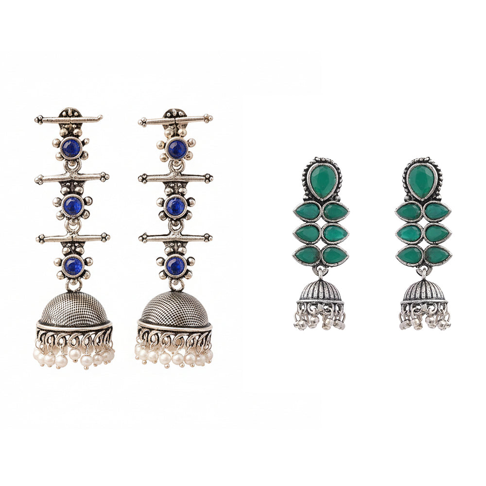 Dazzle Dash Jhumki earring (Green)&Royal Triple Bell Layered Jhumka Earring (Blue) Combo set