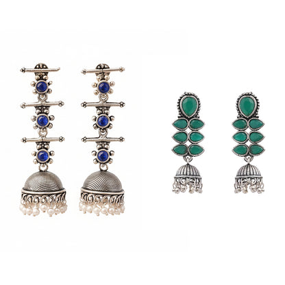 Dazzle Dash Jhumki earring (Green)&Royal Triple Bell Layered Jhumka Earring (Blue) Combo set