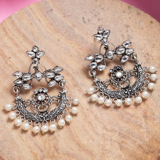 White Stone Studded Beautiful Oxidised Danglers With Hanging Baby Pearls