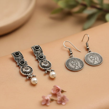 Wonderful wildflower oxidised stud earrings (Black)&Crown Jewel dangler earrings (Silver) Combo set