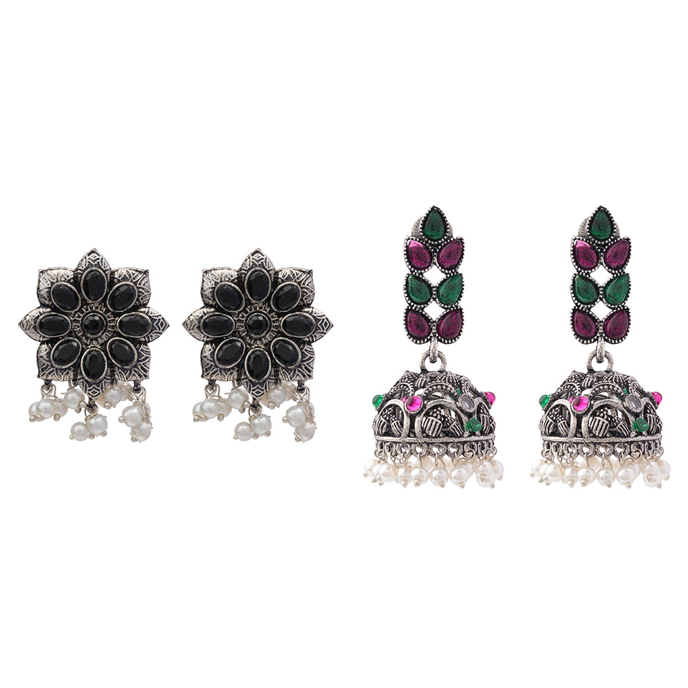 Jugni vibrant stud earrings (Black)&Leaf Cascade jhumki earrings (Multicolored) Combo set