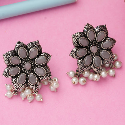 Grey Stone Studded Oxidised Earrings With Hanging Pearls