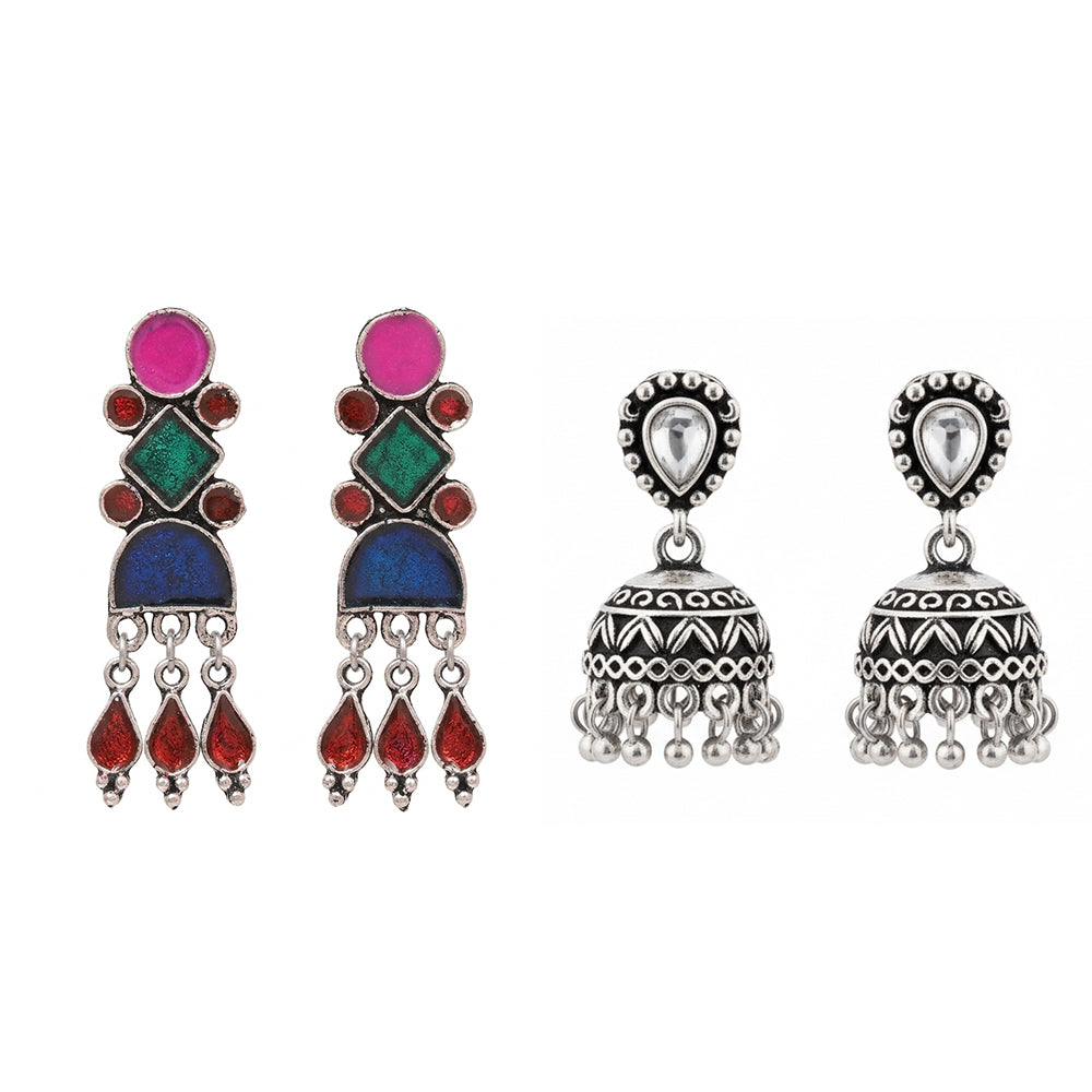 Rainbow rhine dangler earrings (Multicolored)&Jharokha stone studded jhumki earring (White) Combo set