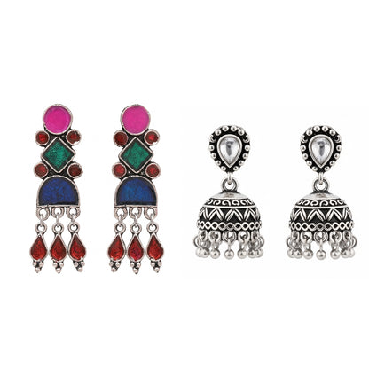 Rainbow rhine dangler earrings (Multicolored)&Jharokha stone studded jhumki earring (White) Combo set