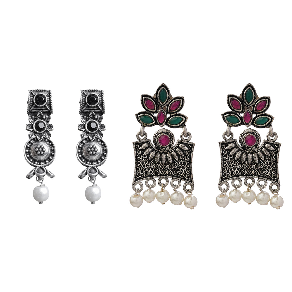 Wonderful wildflower oxidised stud earrings (Black)&Flora-Aura stone studded dangler earrings (Multicolored) Combo set