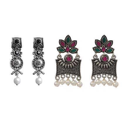 Wonderful wildflower oxidised stud earrings (Black)&Flora-Aura stone studded dangler earrings (Multicolored) Combo set