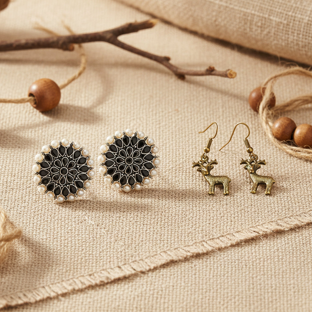 Carved Charm Dangler earrings &  Deer Shaped Golden Polished Oxidised Danglers Combo set