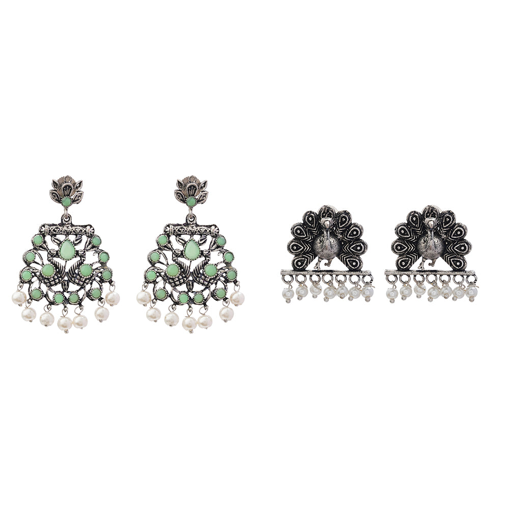Peacock glow stone studded dangler earrings (Pista)&Meena Manjari stone stud earrings (Silver) Combo set