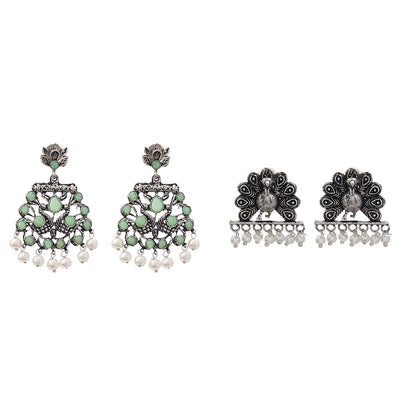 Peacock glow stone studded dangler earrings (Pista)&Meena Manjari stone stud earrings (Silver) Combo set
