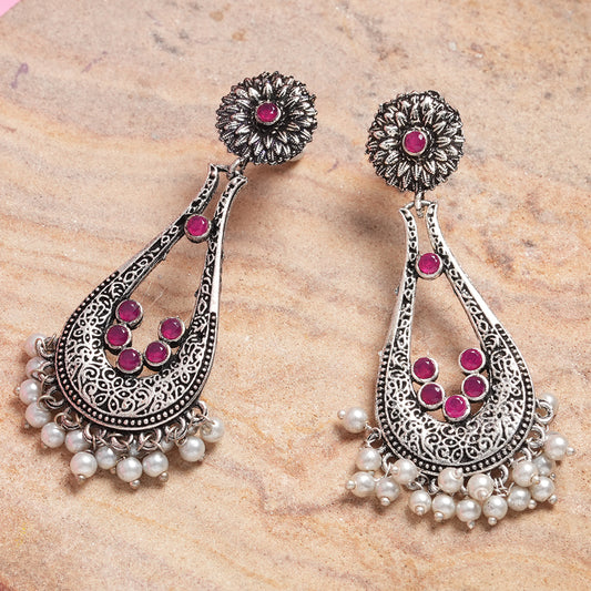Red Stone Studded Statement Earrings With Hanging Pearls
