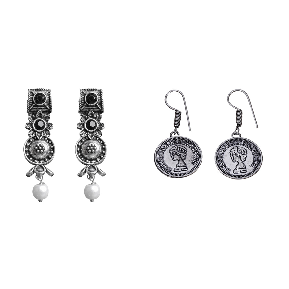 Wonderful wildflower oxidised stud earrings (Black)&Crown Jewel dangler earrings (Silver) Combo set