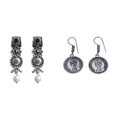 Wonderful wildflower oxidised stud earrings (Black)&Crown Jewel dangler earrings (Silver) Combo set