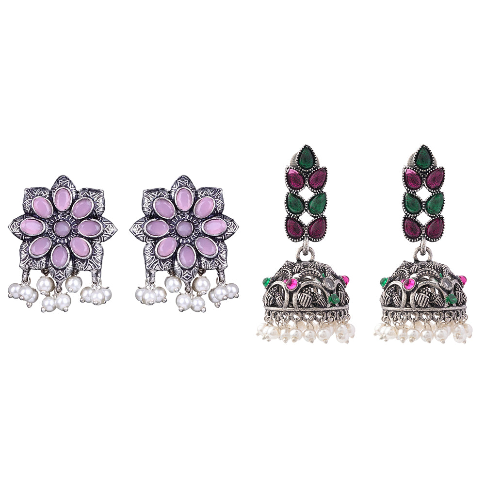 Jugni vibrant stud earrings (Baby Pink)&Leaf Cascade jhumki earrings (Multicolored) Combo set