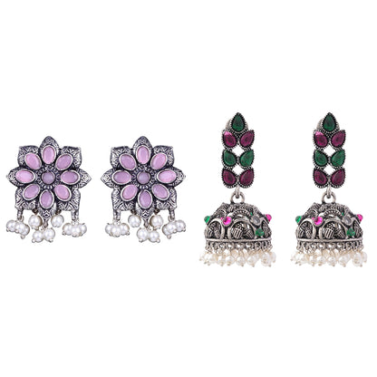 Jugni vibrant stud earrings (Baby Pink)&Leaf Cascade jhumki earrings (Multicolored) Combo set