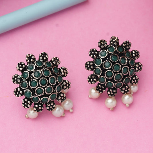 Green Stone Studded Oxidised Earrings With Hanging Pearls