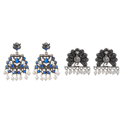 Peacock glow stone studded dangler earrings (Blue)&Meena Manjari stone stud earrings (Silver) Combo set