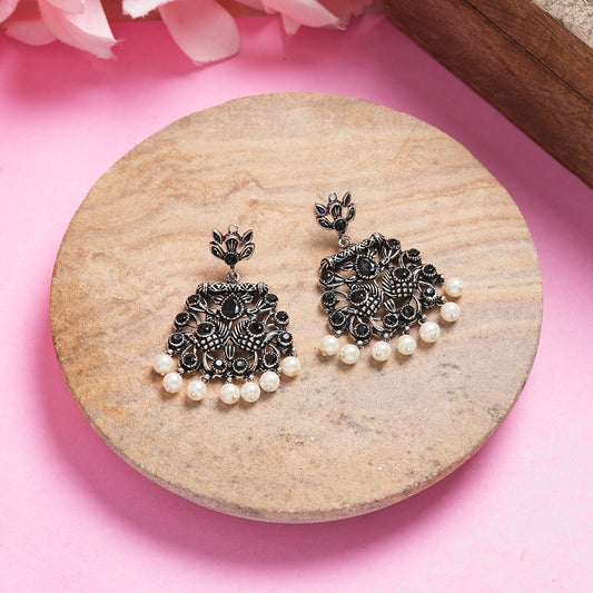 Black Stone Studded Oxidised Earrings With Hanging Pearls