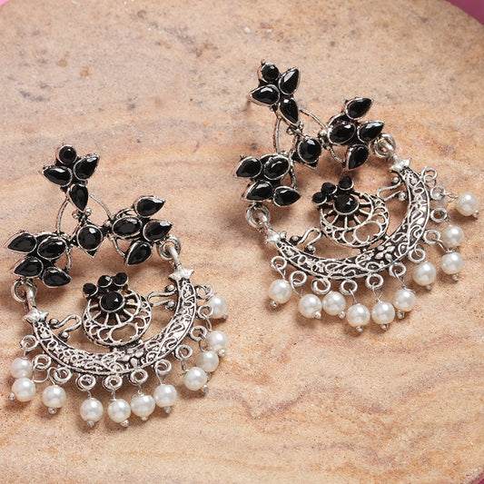 Black Stone Studded Beautiful Oxidised Danglers With Hanging Baby Pearls