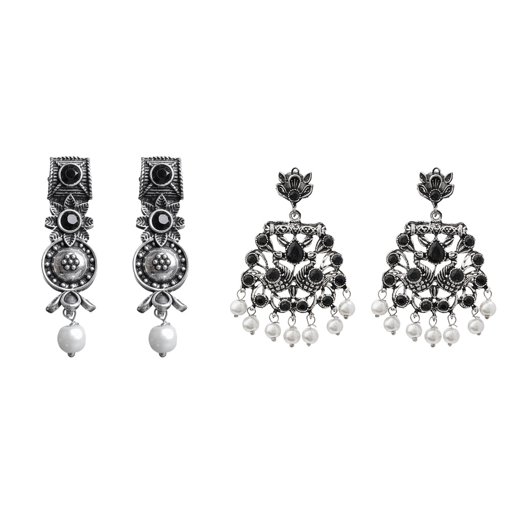 Wonderful wildflower oxidised stud earrings (Black)&Peacock glow stone studded dangler earrings (Black) Combo set