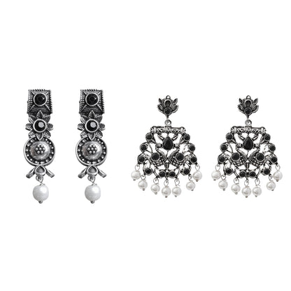 Wonderful wildflower oxidised stud earrings (Black)&Peacock glow stone studded dangler earrings (Black) Combo set