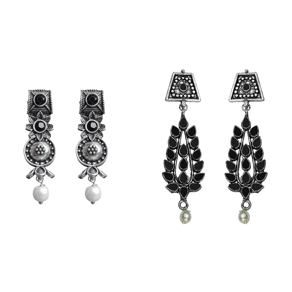 Wonderful wildflower oxidised stud earrings (Black)&Precious Petal stone studded dangler earring (Black) Combo set