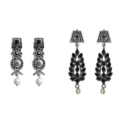 Wonderful wildflower oxidised stud earrings (Black)&Precious Petal stone studded dangler earring (Black) Combo set