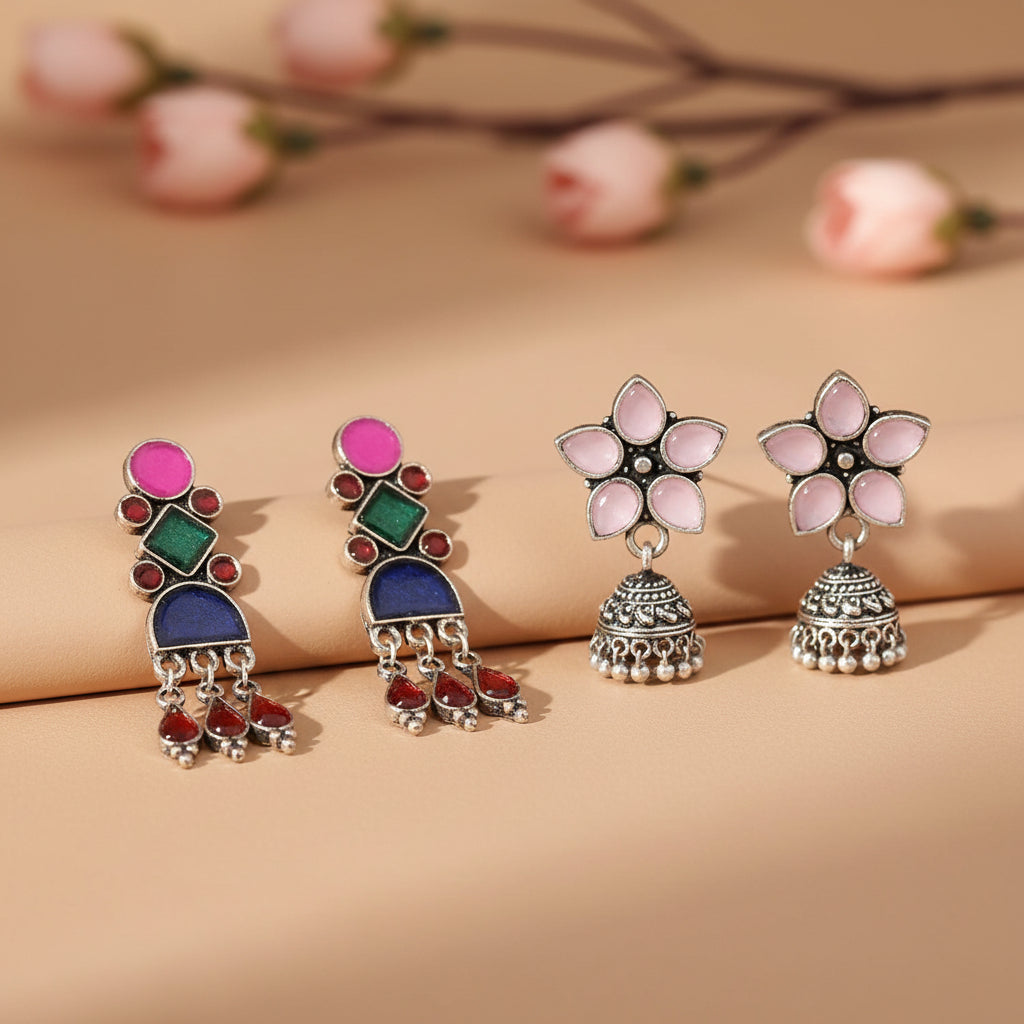 Rainbow rhine dangler earrings (Multicolored)&Beauty Bloom ghunghroo jhumki earring (Baby Pink) Combo set