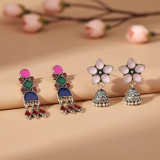 Rainbow rhine dangler earrings (Multicolored)&Beauty Bloom ghunghroo jhumki earring (Baby Pink) Combo set