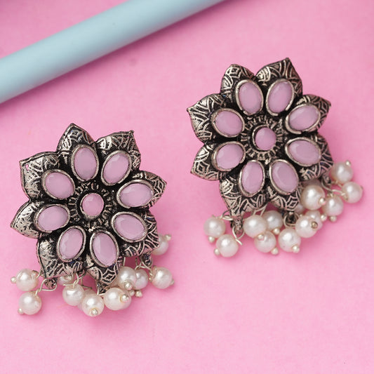 Baby Pink Stone Stone Studded Oxidised Earrings With Hanging Pearls