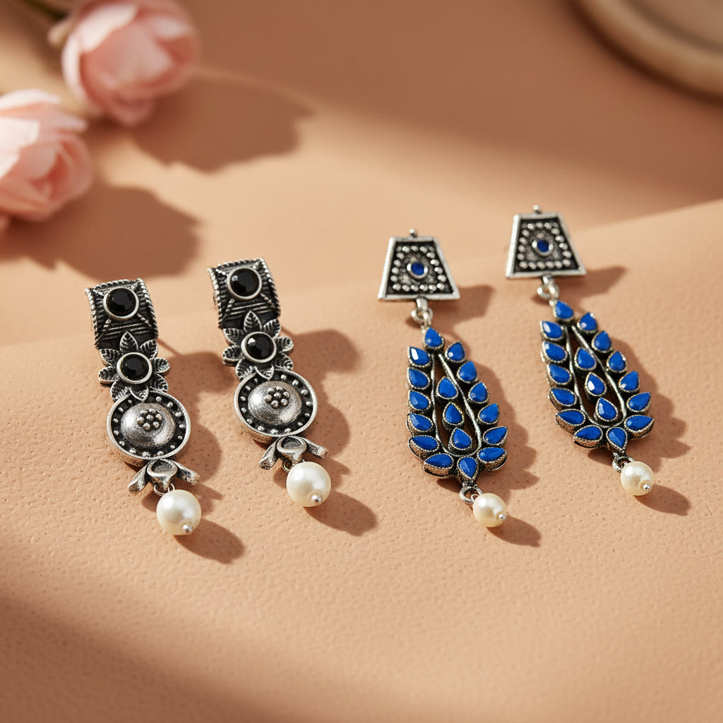 Wonderful wildflower oxidised stud earrings (Black)&Precious Petal stone studded dangler earring (Blue) Combo set